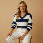 Gestreifter Kabelstrick-Pullover für Damen | V-Ausschnitt | Lockerer Loose Fit