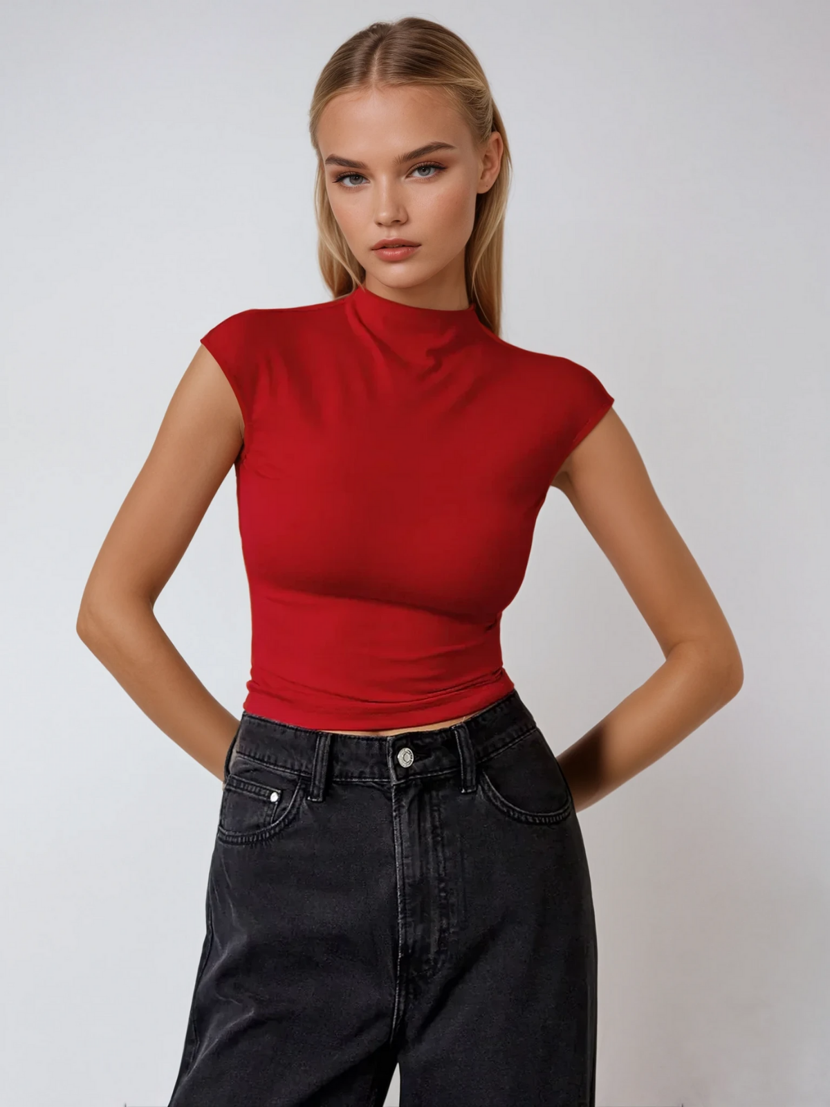 Clara Mode Ärmelloses Slim Fit Top mit Hohem Kragen Damen – Apparel & Accessories > Clothing > Clothing Tops > Blouses für Damen (Women > Tops > Blouses & Shirts > Tops)