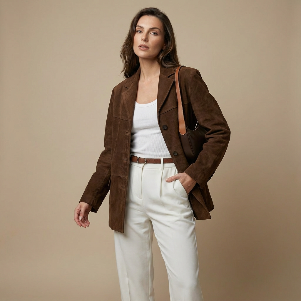 Oversize Damen Wildlederjacke – Lange Braune Übergangsjacke Mit Umlegekragen Für Herbst & Winter