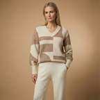 Geometrischer Strickpullover für Damen | V-Ausschnitt | Lockere Passform