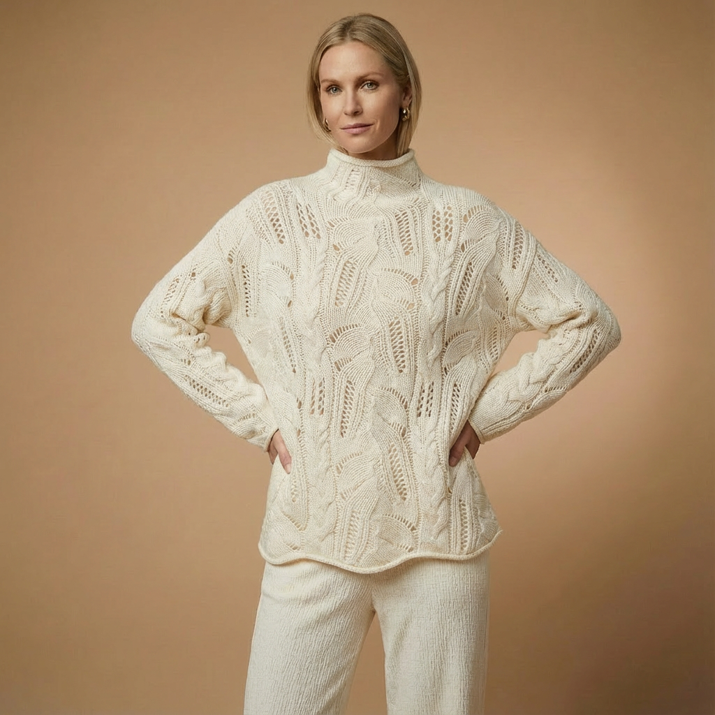 Woll-Kaschmir Rollkragenpullover für Damen | Offener Zopfstrick | Lockere Passform