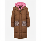 Langer Damen-Steppmantel Mit Kapuze – Warme Winterjacke Mit Kontrastfutter & Animalprint-Taschen
