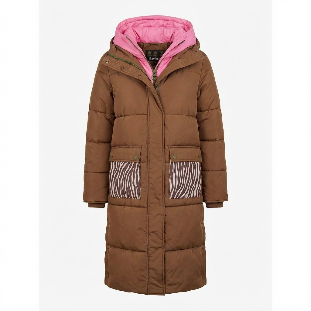 Langer Damen-Steppmantel Mit Kapuze – Warme Winterjacke Mit Kontrastfutter & Animalprint-Taschen