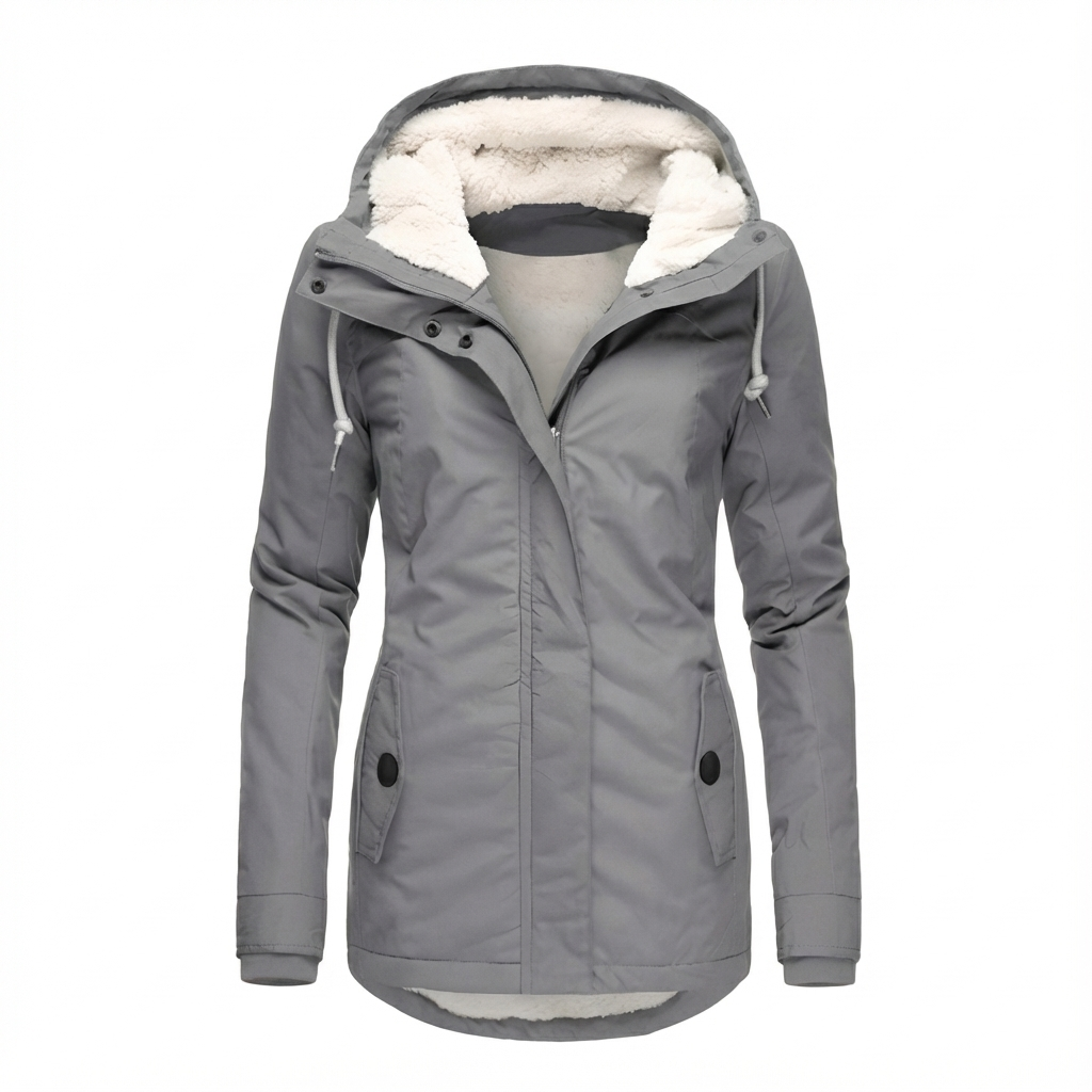 Gefütterte Damenjacke Mit Teddyfell & Kapuze – Winterjacke In Grau