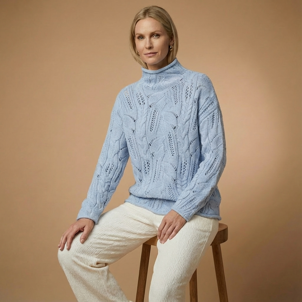 Woll-Kaschmir Rollkragenpullover für Damen | Offener Zopfstrick | Lockere Passform