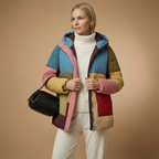 Colorblock Damen-Steppjacke Mit Kapuze – Bunte Winterjacke Im Patchwork-Look