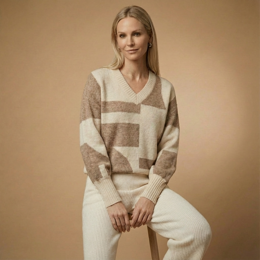 Geometrischer Strickpullover für Damen | V-Ausschnitt | Lockere Passform