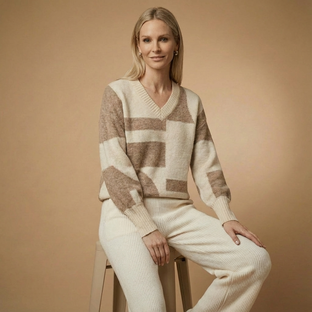 Geometrischer Strickpullover für Damen | V-Ausschnitt | Lockere Passform