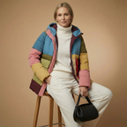 Colorblock Damen-Steppjacke Mit Kapuze – Bunte Winterjacke Im Patchwork-Look