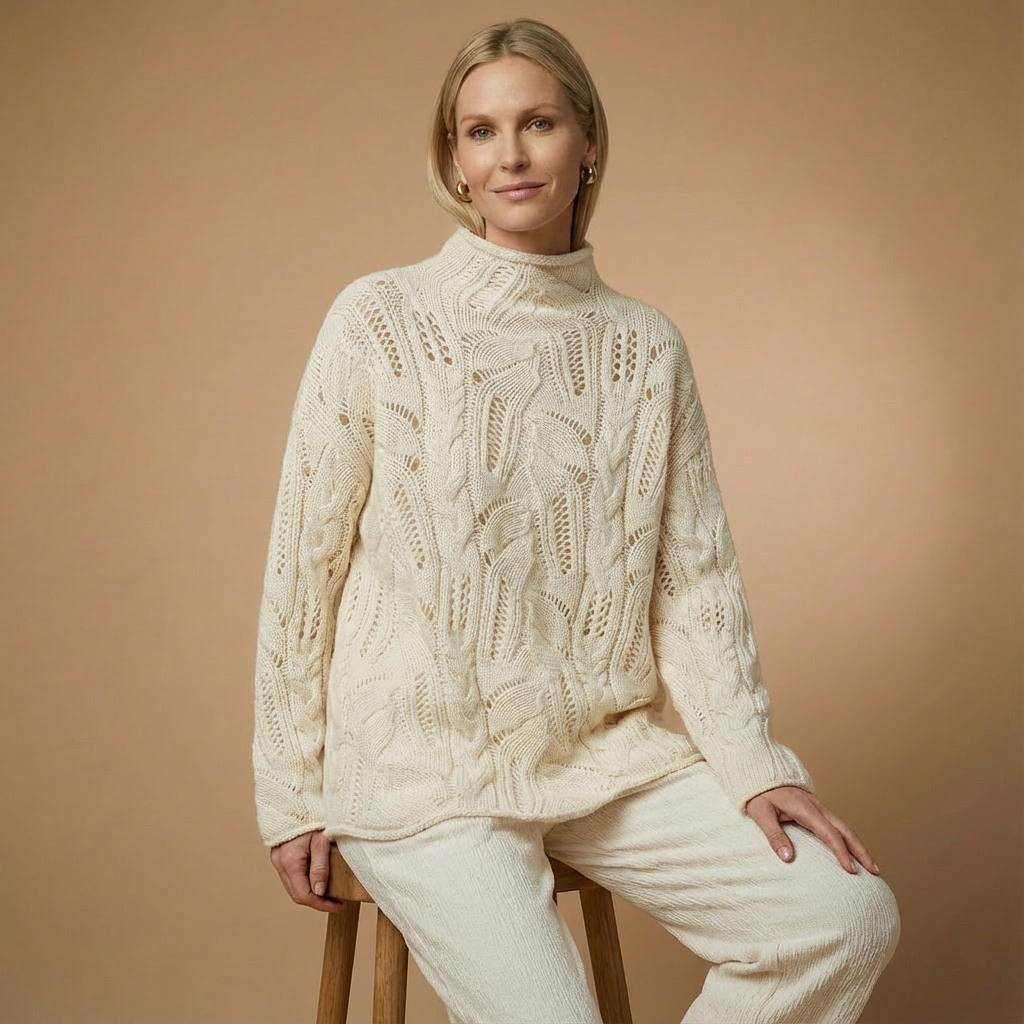 Woll-Kaschmir Rollkragenpullover für Damen | Offener Zopfstrick | Lockere Passform