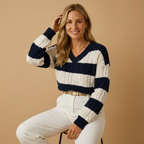 Gestreifter Kabelstrick-Pullover für Damen | V-Ausschnitt | Lockerer Loose Fit