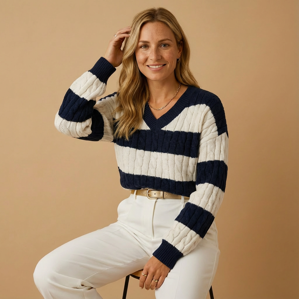 Gestreifter Kabelstrick-Pullover für Damen | V-Ausschnitt | Lockerer Loose Fit