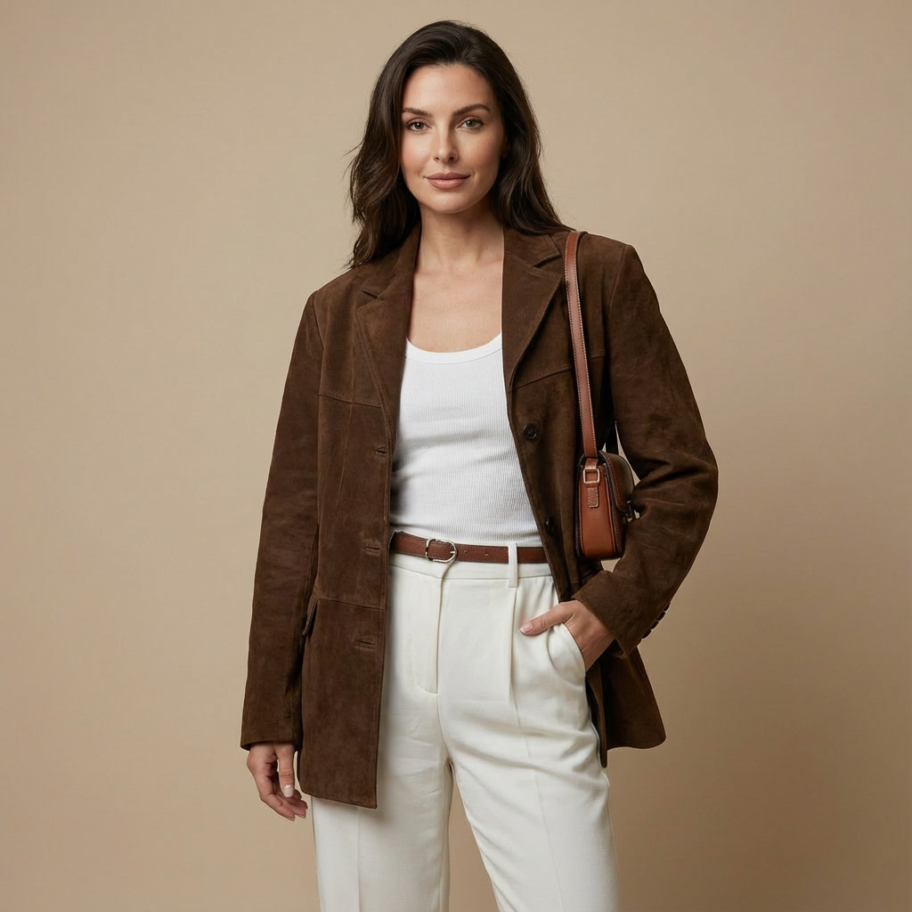 Oversize Damen Wildlederjacke – Lange Braune Übergangsjacke Mit Umlegekragen Für Herbst & Winter