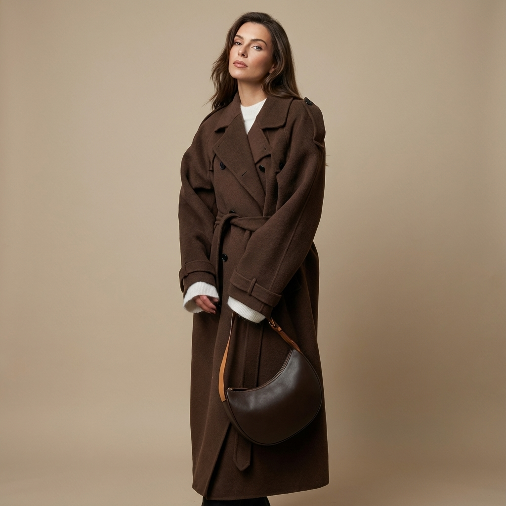 Eleganter Damen Maxi-Mantel – Langer Wintermantel Mit Doppelreiher & Bindegürtel Für Herbst/Winter