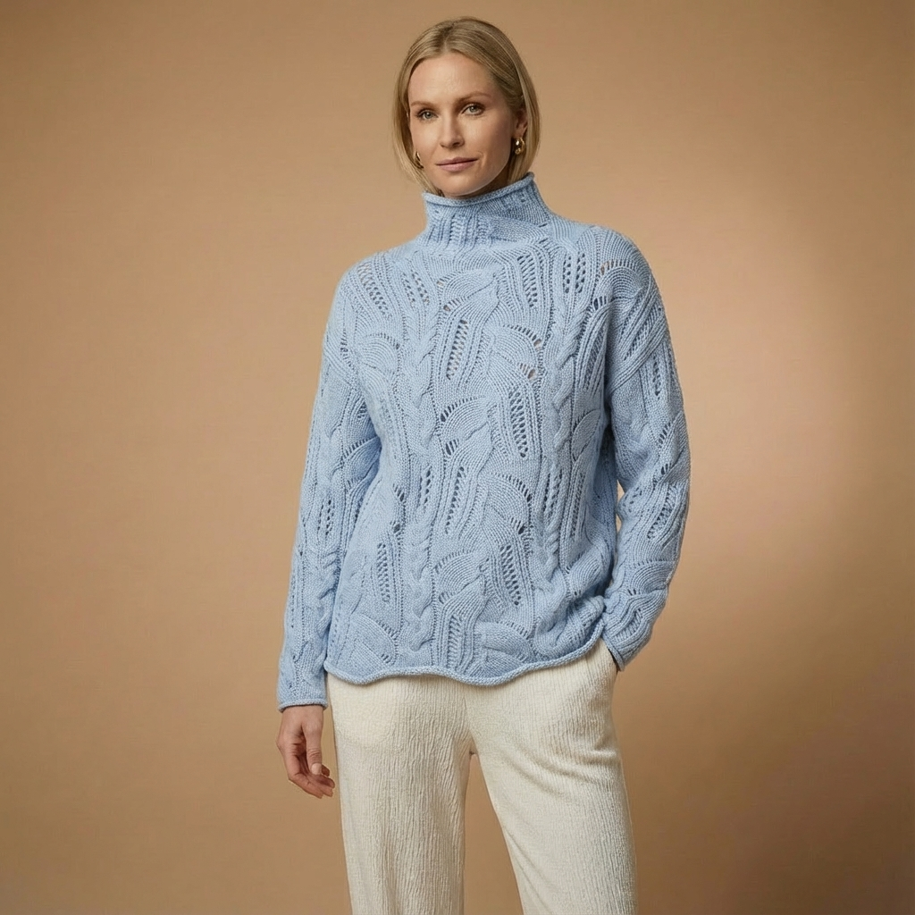 Woll-Kaschmir Rollkragenpullover für Damen | Offener Zopfstrick | Lockere Passform