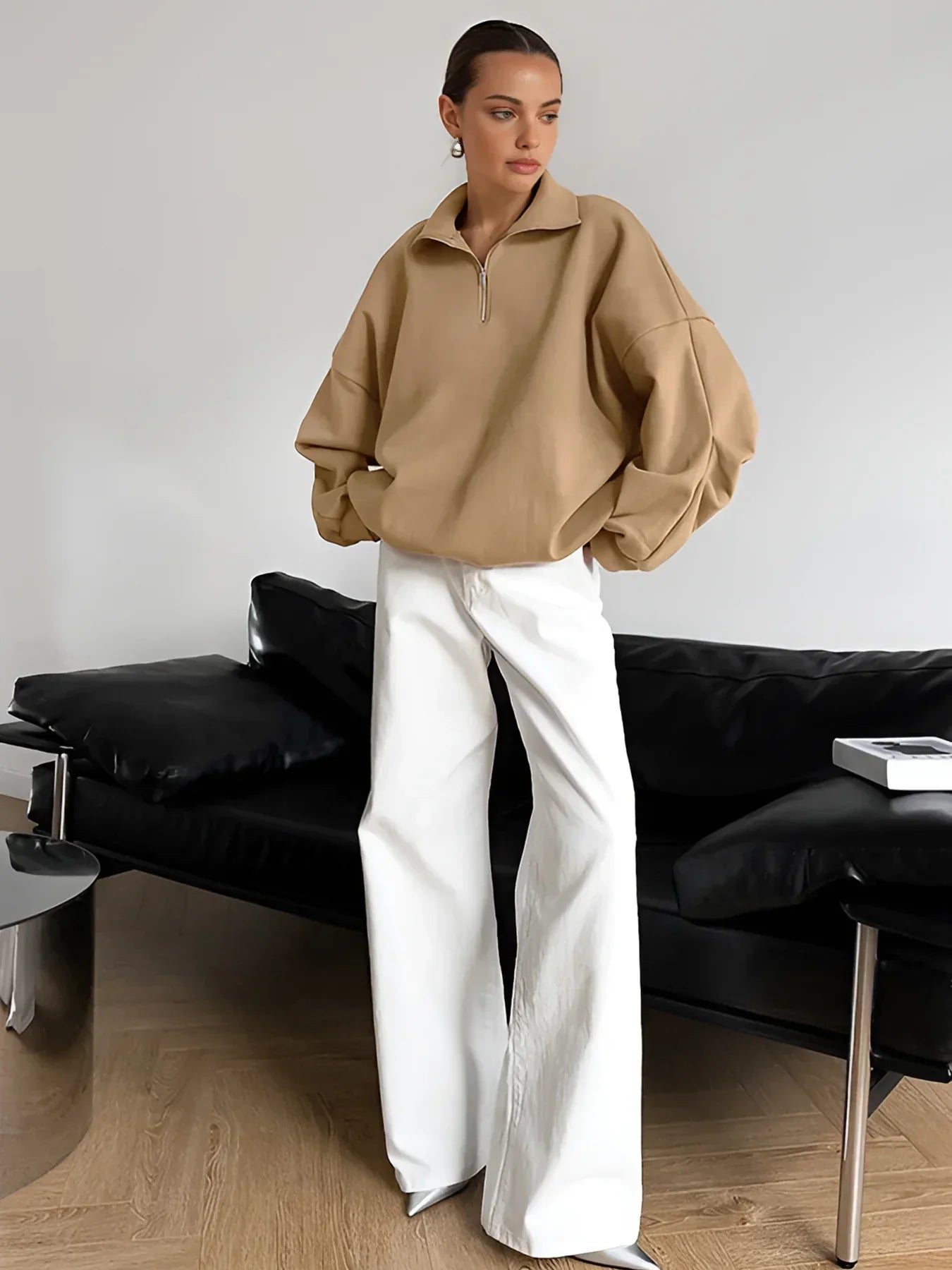 Clara Mode Relaxed Zipper Pullover mit Strukturkragen Damen – Apparel & Accessories > Clothing > Clothing Tops > Sweaters für Damen (Women > Tops > Knitwear > Pullovers & Sweaters)