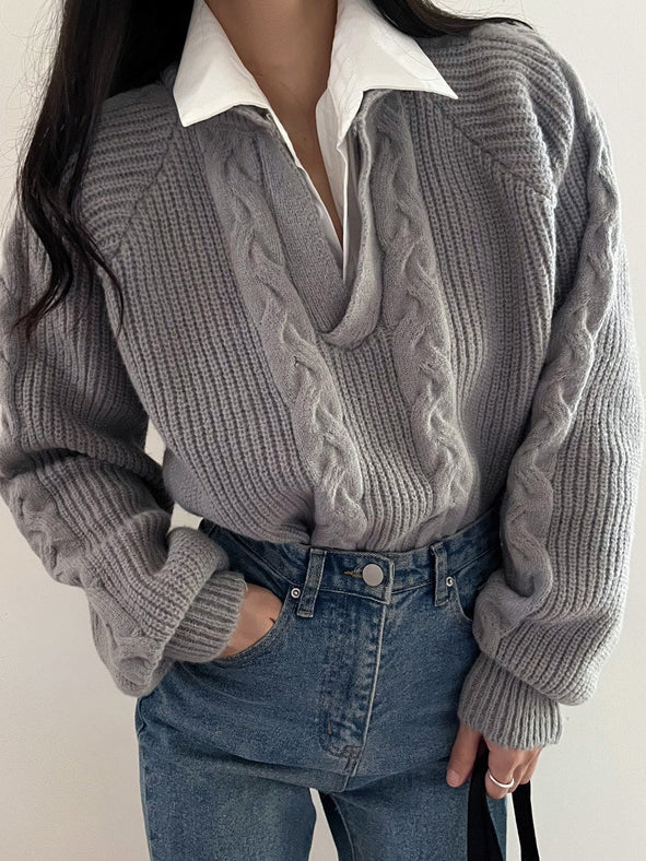 Clara Mode Eleganter Cable Knit Pullover mit V-Ausschnitt Damen – Apparel & Accessories > Clothing > Clothing Tops > Sweaters für Damen (Women > Tops > Knitwear > Sweaters)