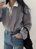 Clara Mode Eleganter Cable Knit Pullover mit V-Ausschnitt Damen – Apparel & Accessories > Clothing > Clothing Tops > Sweaters für Damen (Women > Tops > Knitwear > Sweaters)