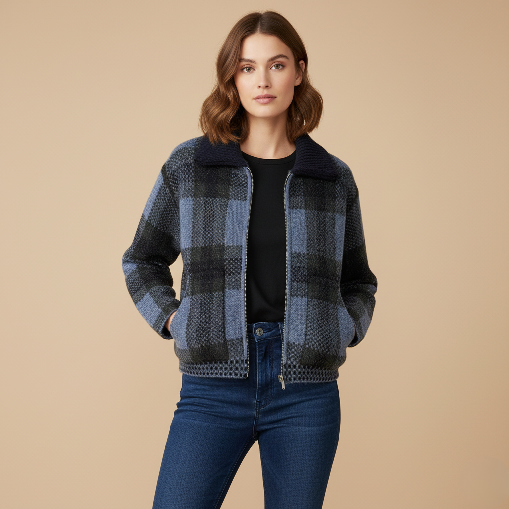 Clara Mode Women’s Casual Fashion Coat - Chic Blue Plaid Knitted Jacket – Apparel & Accessories > Clothing > Outerwear > Coats & Jackets für Damen (Jas)