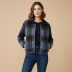 Clara Mode Women’s Casual Fashion Coat - Chic Blue Plaid Knitted Jacket – Apparel & Accessories > Clothing > Outerwear > Coats & Jackets für Damen (Jas)