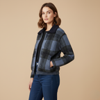 Clara Mode Women’s Casual Fashion Coat - Chic Blue Plaid Knitted Jacket – Apparel & Accessories > Clothing > Outerwear > Coats & Jackets für Damen (Jas)