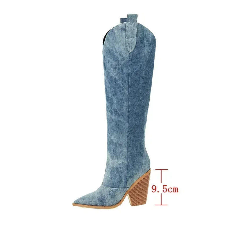 Clara Mode Kniehohe Denim Stiefel Mit Blockabsatz – Apparel & Accessories > Shoes > Boots für Damen (Women > Shoes > Boots > Knee-High Boots)