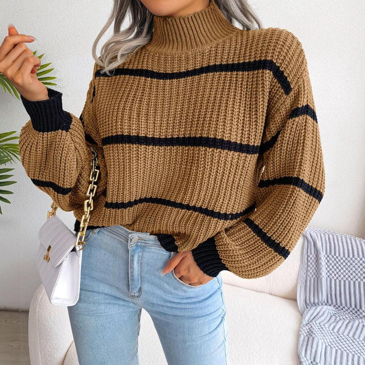 Clara Mode Gestreifter Grobstrickpullover mit Hohem Kragen Damen – Apparel & Accessories > Clothing > Clothing Tops > Sweaters für Damen (Women > Clothing > Knitwear > Sweaters > Turtleneck Sweaters)