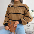 Clara Mode Gestreifter Grobstrickpullover mit Hohem Kragen Damen – Apparel & Accessories > Clothing > Clothing Tops > Sweaters für Damen (Women > Clothing > Knitwear > Sweaters > Turtleneck Sweaters)