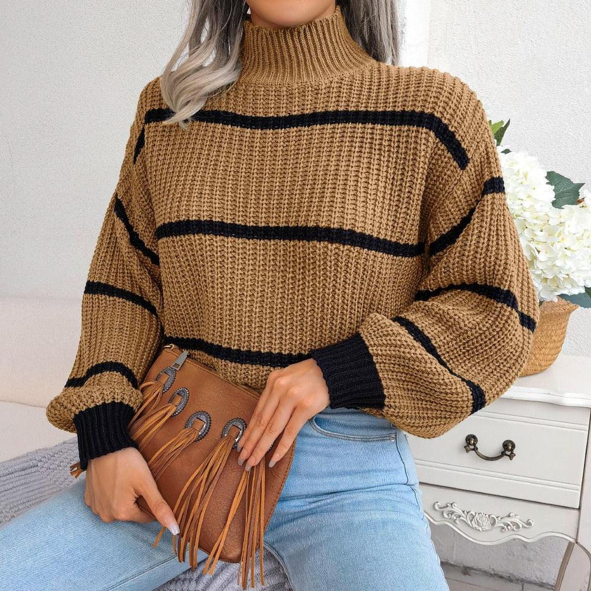 Clara Mode Gestreifter Grobstrickpullover mit Hohem Kragen Damen – Apparel & Accessories > Clothing > Clothing Tops > Sweaters für Damen (Women > Clothing > Knitwear > Sweaters > Turtleneck Sweaters)