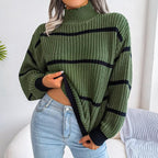 Clara Mode Gestreifter Grobstrickpullover mit Hohem Kragen Damen – Apparel & Accessories > Clothing > Clothing Tops > Sweaters für Damen (Women > Clothing > Knitwear > Sweaters > Turtleneck Sweaters)