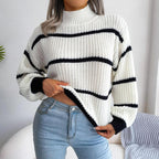 Clara Mode Gestreifter Grobstrickpullover mit Hohem Kragen Damen – Apparel & Accessories > Clothing > Clothing Tops > Sweaters für Damen (Women > Clothing > Knitwear > Sweaters > Turtleneck Sweaters)