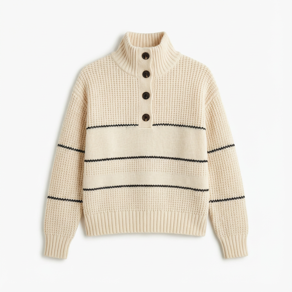 Maritim inspiriert: Gestreifter Button-Pullover für mühelose Everyday-Looks