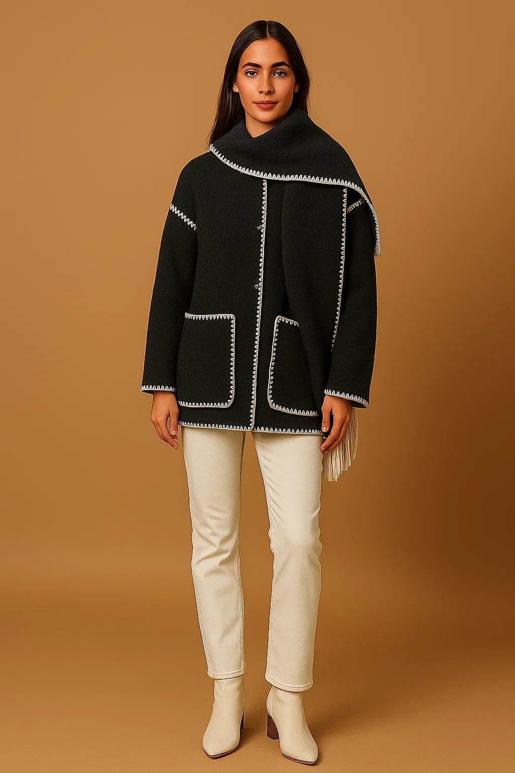 Clara Mode Wollmantel FransenDetailLook Weichmidweightstoffleicht Alltagsstauglich Bequem Für Damen – für Damen (Women > Outerwear > Coats > Open Front Coats)