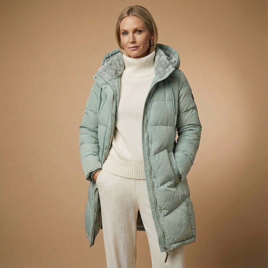 Langer Damen-Steppmantel Mit Kuschelkapuze – Warme Winterjacke In Softem Pastell
