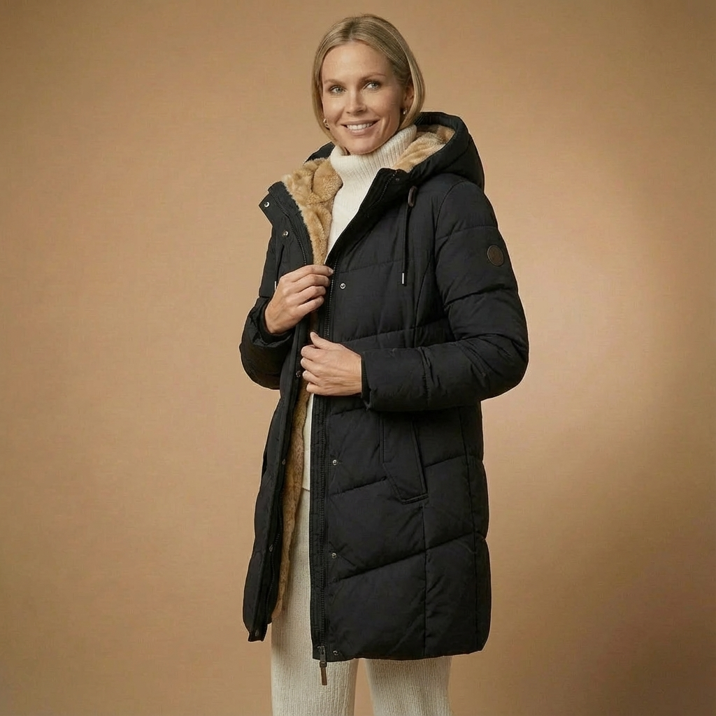 Langer Damen-Steppmantel Mit Kuschelkapuze – Warme Winterjacke In Softem Pastell