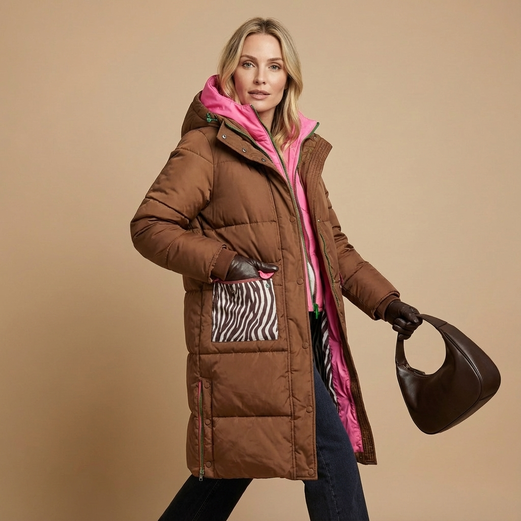 Langer Damen-Steppmantel Mit Kapuze – Warme Winterjacke Mit Kontrastfutter & Animalprint-Taschen