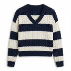 Gestreifter Kabelstrick-Pullover für Damen | V-Ausschnitt | Lockerer Loose Fit