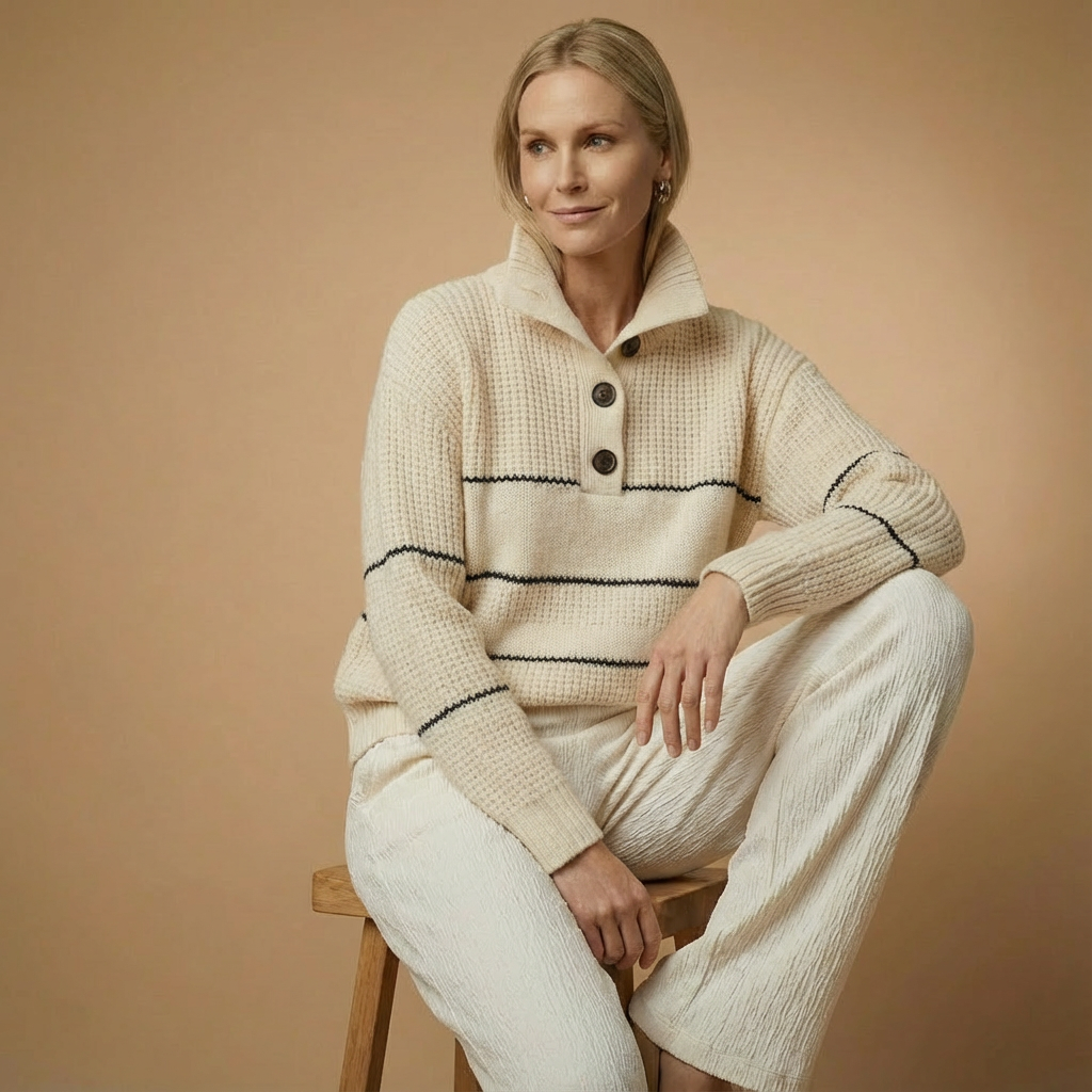 Maritim inspiriert: Gestreifter Button-Pullover für mühelose Everyday-Looks