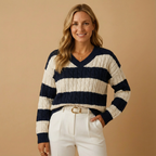 Gestreifter Kabelstrick-Pullover für Damen | V-Ausschnitt | Lockerer Loose Fit