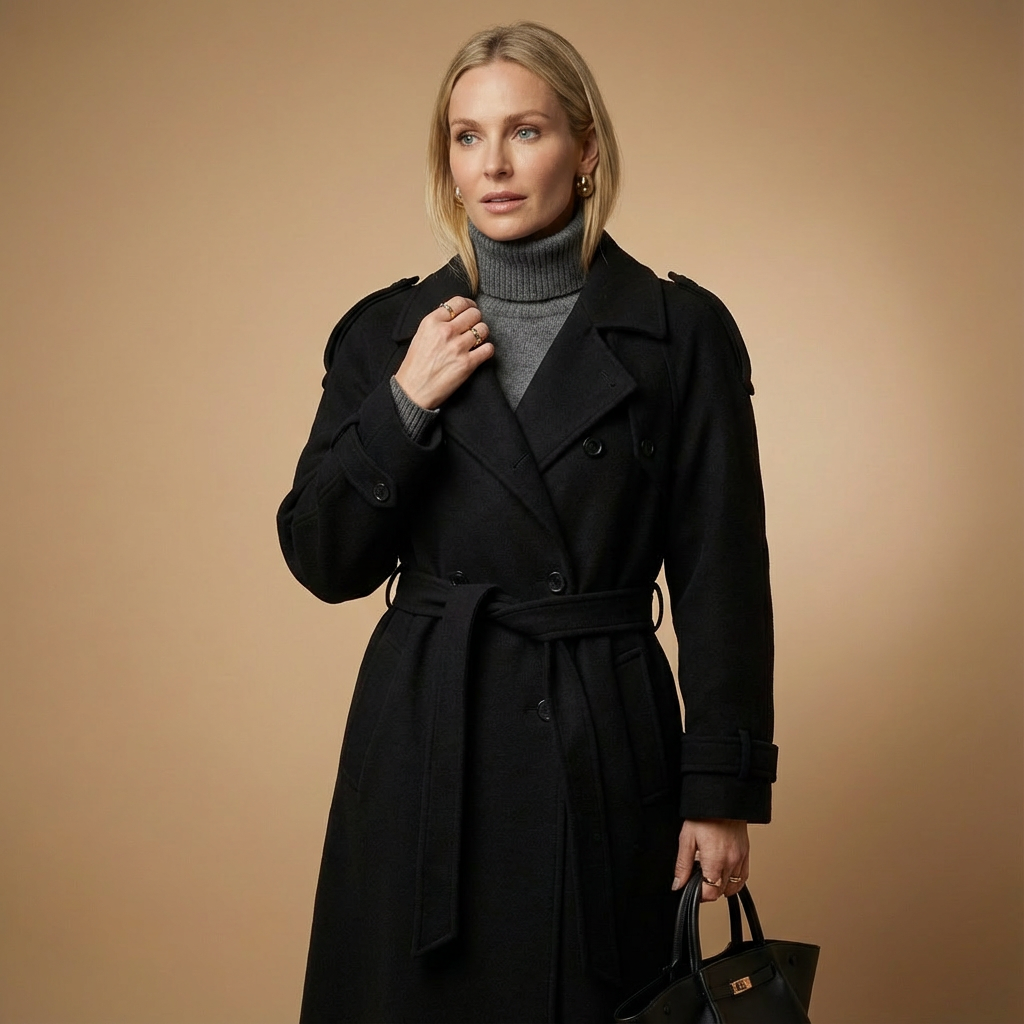 Eleganter Damen Maxi-Mantel – Langer Wintermantel Mit Doppelreiher & Bindegürtel Für Herbst/Winter