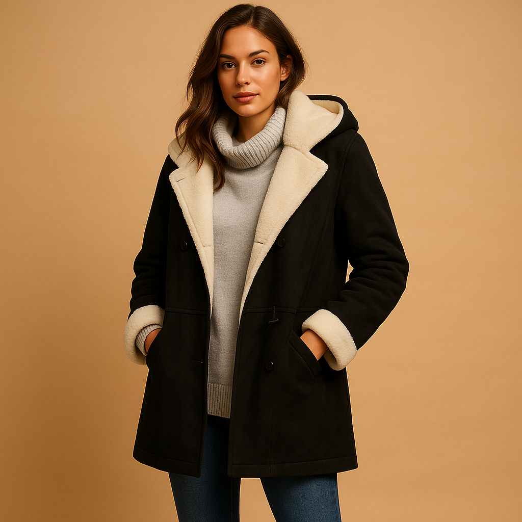 Stilvoller moderner Kapuzenmantel aus weichem Faux-Shearling für Damen