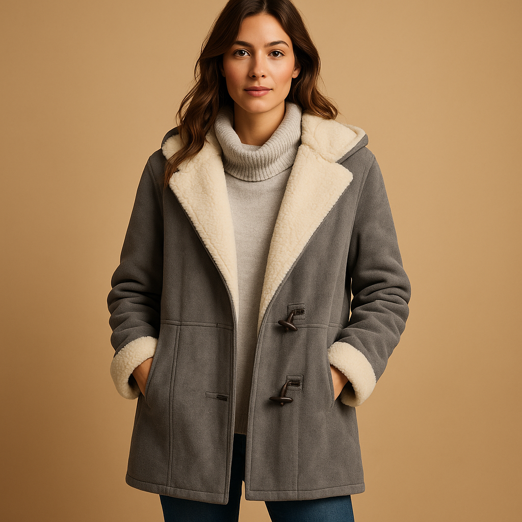 Stilvoller moderner Kapuzenmantel aus weichem Faux-Shearling für Damen