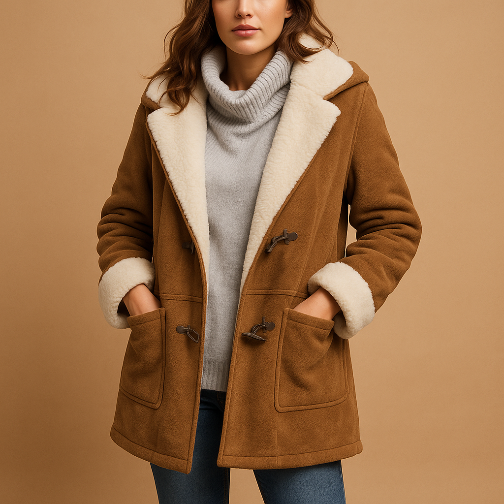 Stilvoller moderner Kapuzenmantel aus weichem Faux-Shearling für Damen