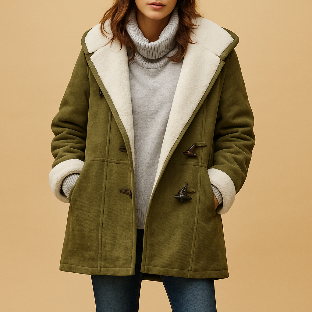 Stilvoller moderner Kapuzenmantel aus weichem Faux-Shearling für Damen