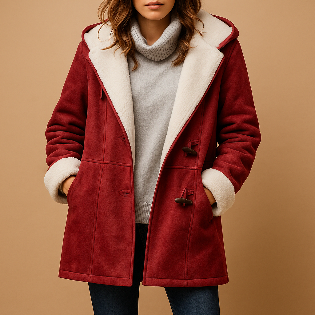 Stilvoller moderner Kapuzenmantel aus weichem Faux-Shearling für Damen